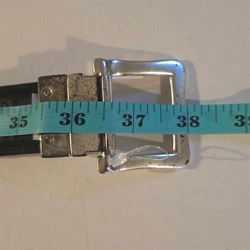 Mens Reddish Brown Leather Belt Reversible Silver Buckle Sz.M/L